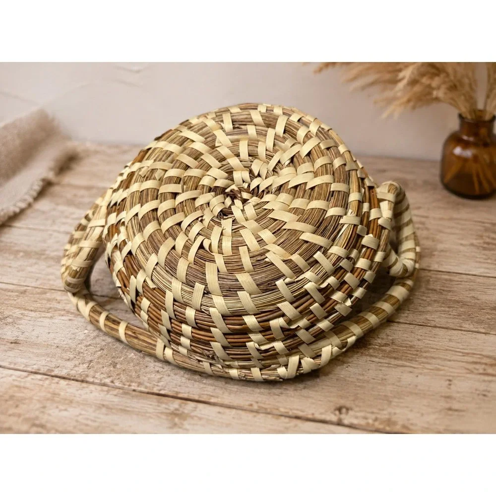Vintage Gullah Sweetgrass Basket Coiled Lowcountry Folk Art Handwoven Handles